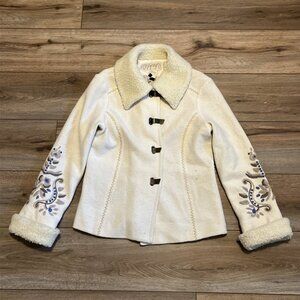 Icelandic Design Jacket SZ Small Cream Floral Embroidery 100% Wool Zip Pockets